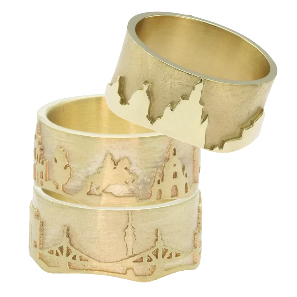 Dresden Ring Stadt, Dresden-Schmuck, 585er Gold, Accessoire, Geschenk, Souvenir, Stadt Ring Dresden, Dresden-Schmuck, 925er Silber, Accessoire, Geschenk, Souvenir, Frauenkirche, Blaues Wunder, Fernsehturm, Hygienemuseum, Dresdner Zwinger, Goldener Reiter, Hofkirche, Semperoper, Albertinum, Zitronenpresse, Yenidze